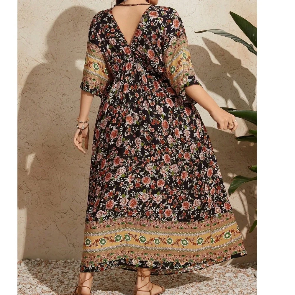 COPY - Boho Floral Print V neck Kimono Sleeve Maxi Dress